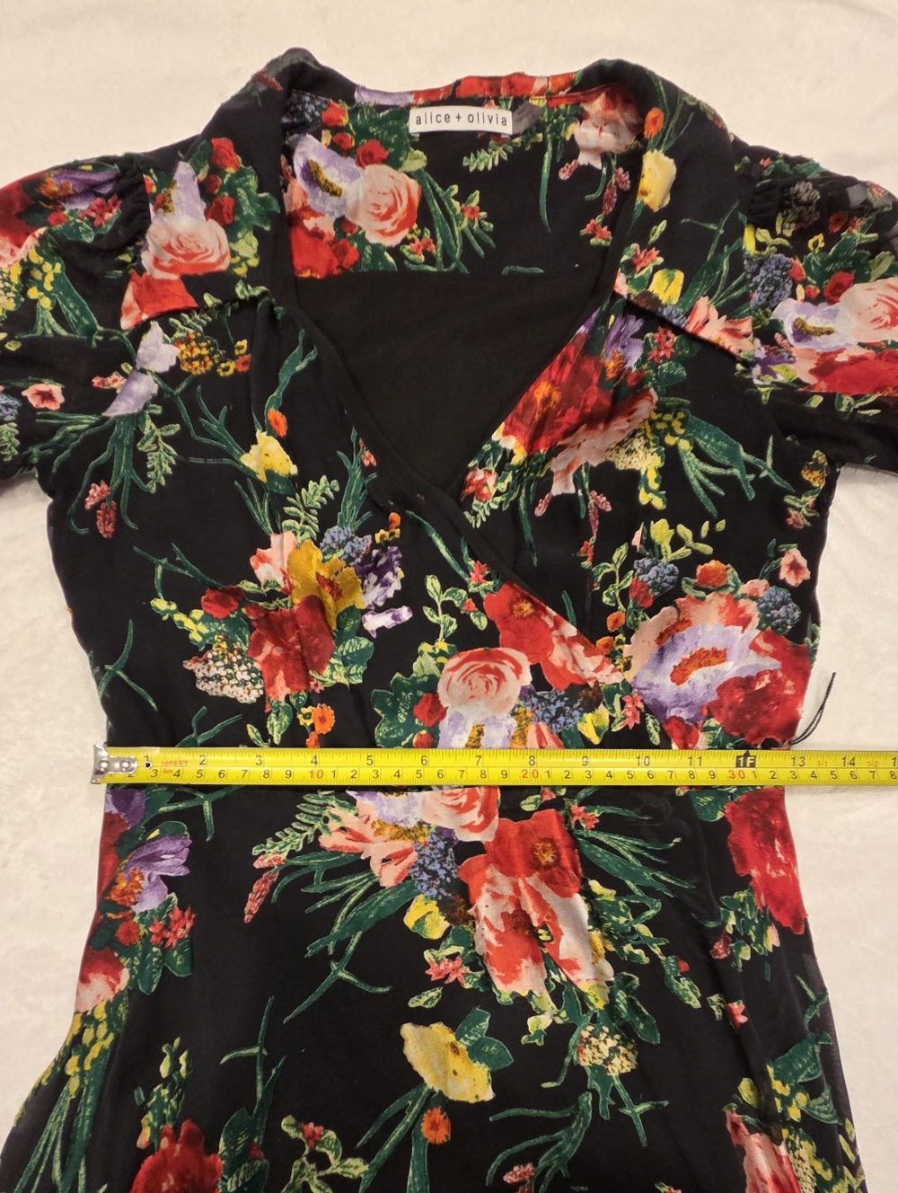 Alice + Olivia Black Floral Wrap Midi Dress with Red & Green Accents, Size 4. - Picture 15 of 16